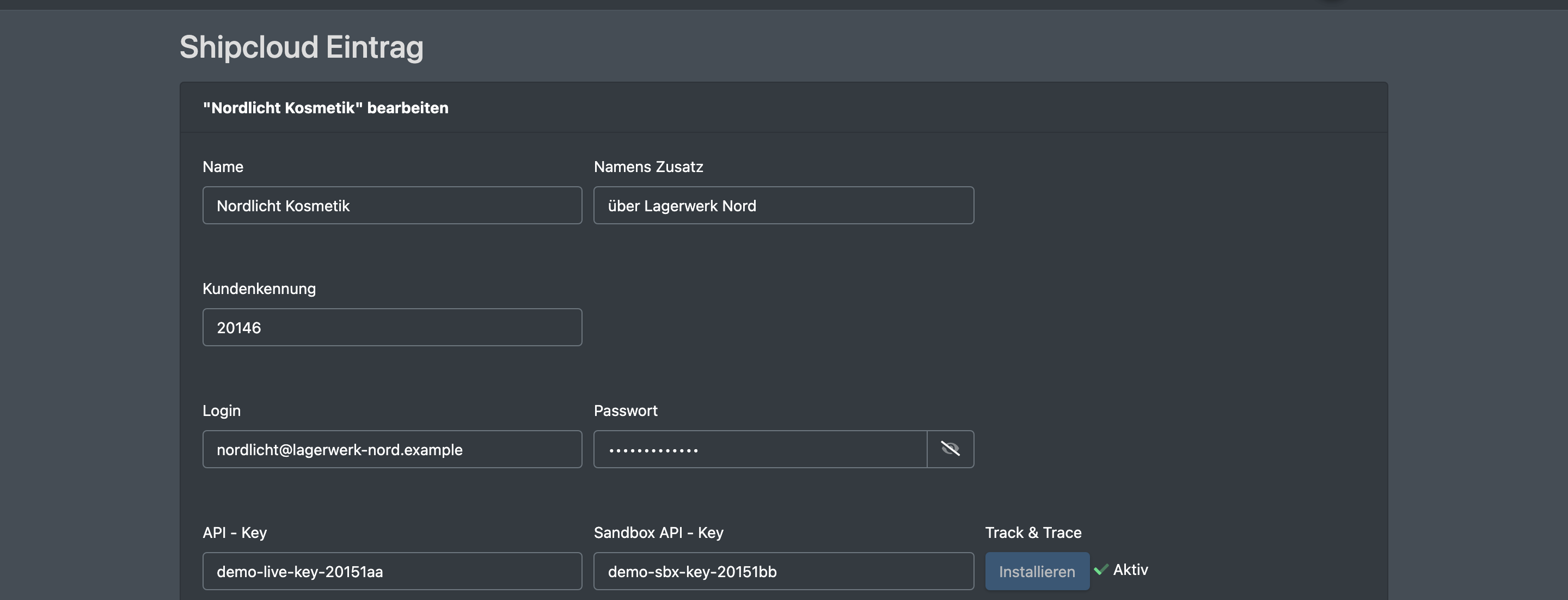 Screenshot: ShipCloud-Konto mit der Schaltfläche „Installieren“ für den Track-&-Trace-Webhook