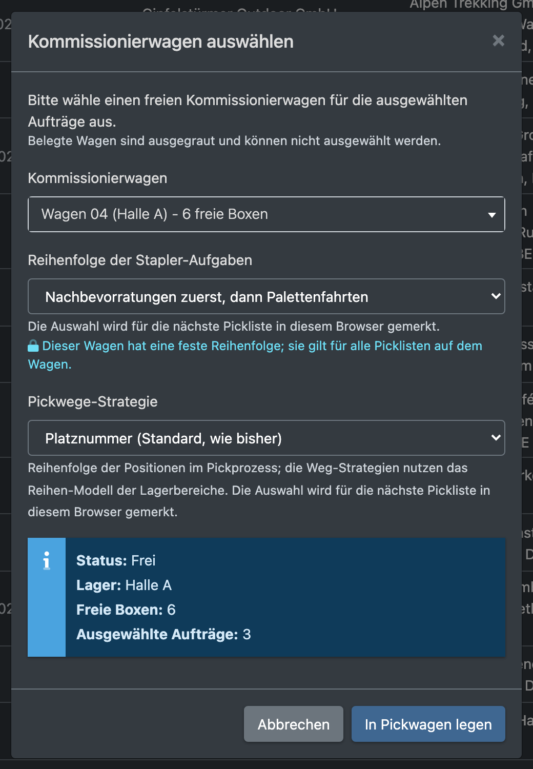 Screenshot: Dialog „In Pickwagen legen“ in der Auftragsübersicht mit Wagen, Reihenfolge der Stapler-Aufgaben und Pickwege-Strategie