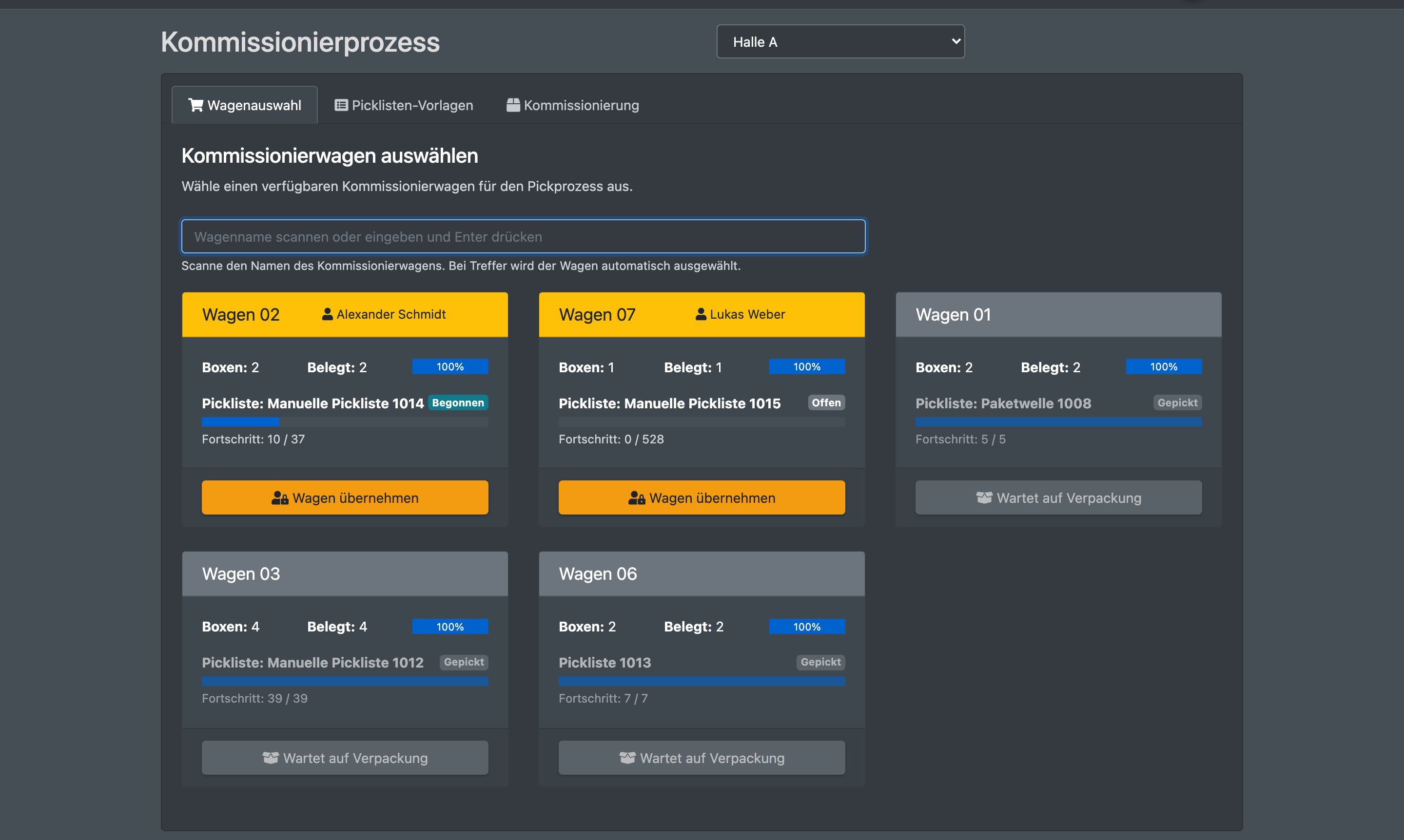 Screenshot: Startseite des Pickprozesses mit der Wagenauswahl