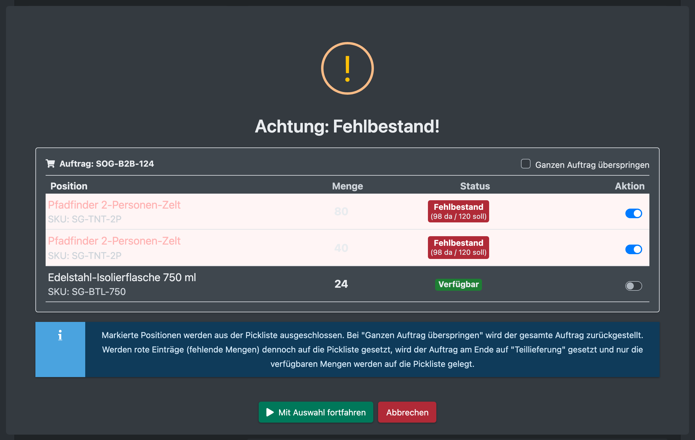 Screenshot: Fehlbestand-Dialog mit Positionen, benötigter und verfügbarer Menge und Buttons zum Überspringen