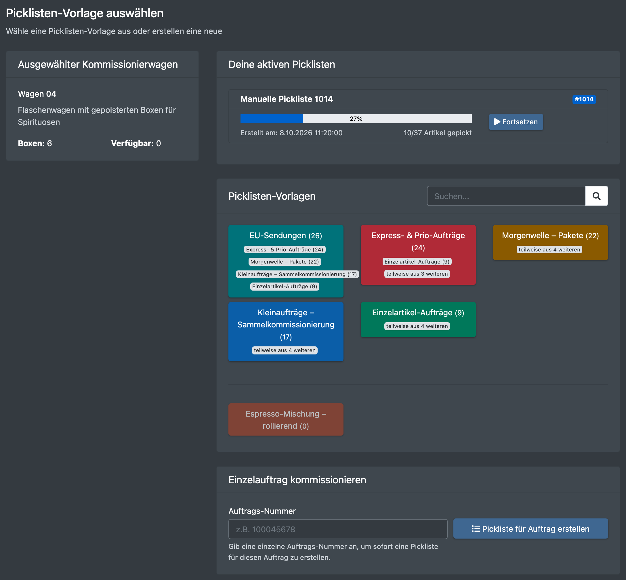 Screenshot: Vorlagen-Schritt mit „Deine aktiven Picklisten“ und den Vorlagen-Kacheln mit der Anzahl Treffer