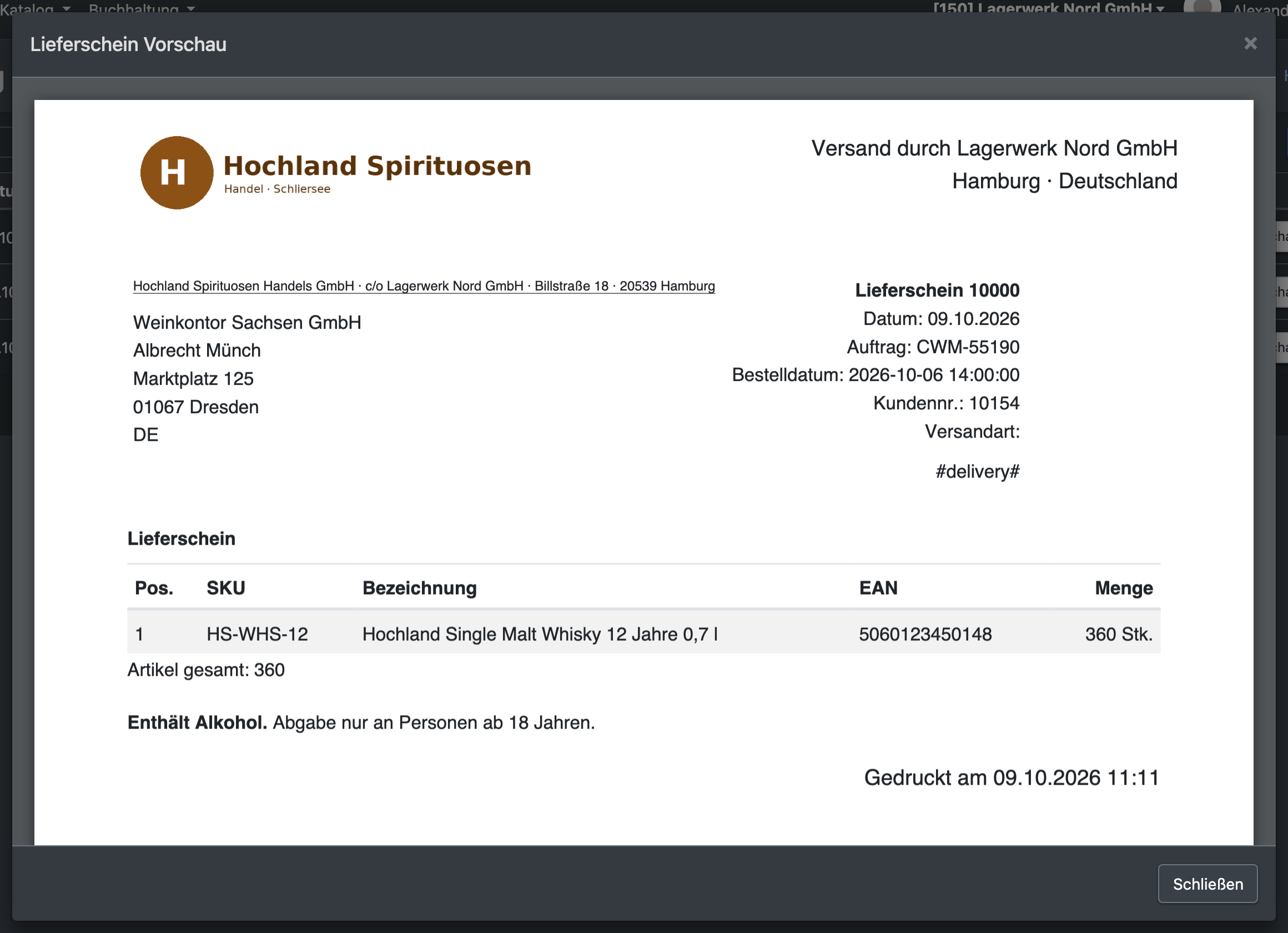 Screenshot: Lieferschein-Vorschau eines Palettenauftrags in der Verladung