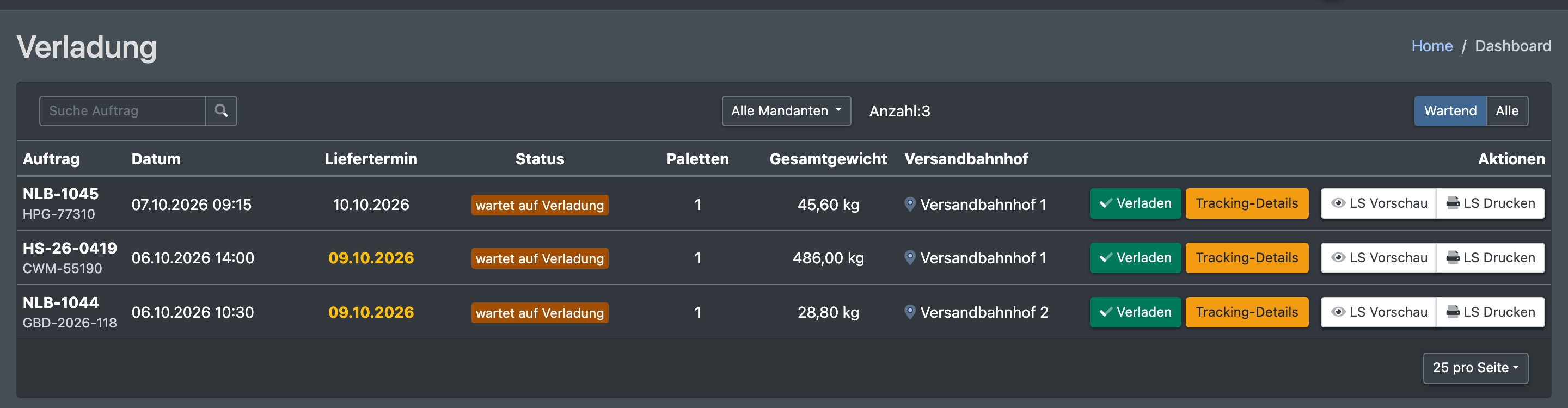 Screenshot: Seite Verladung mit dem Filter „Wartend“ und der Liste der Aufträge, die auf die Verladung warten