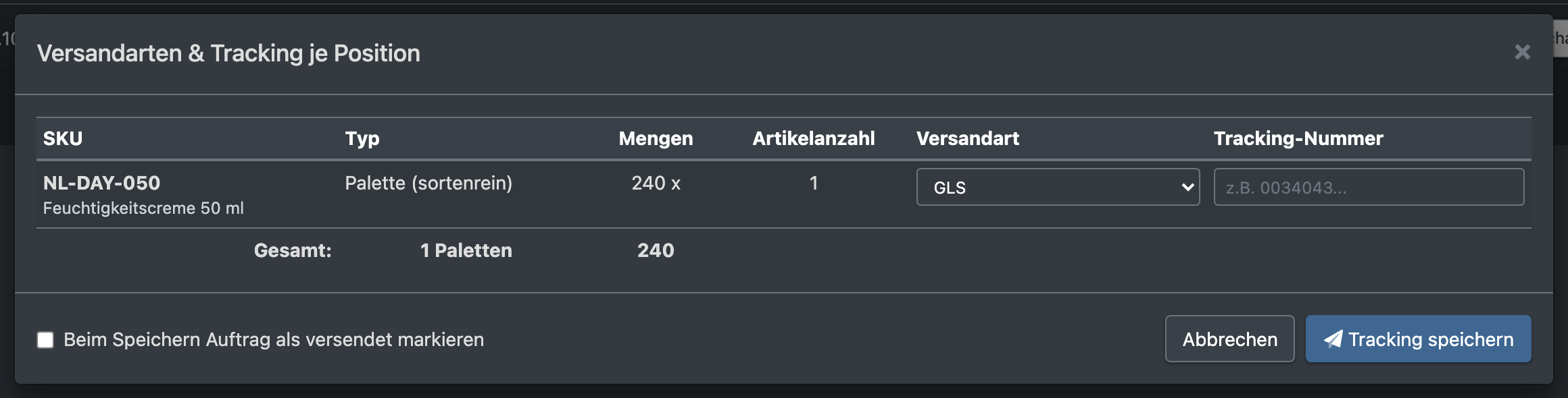 Screenshot: Dialog „Versandarten & Tracking je Position“ mit Versandart, Tracking-Nummer und der Checkbox zum Markieren als versendet