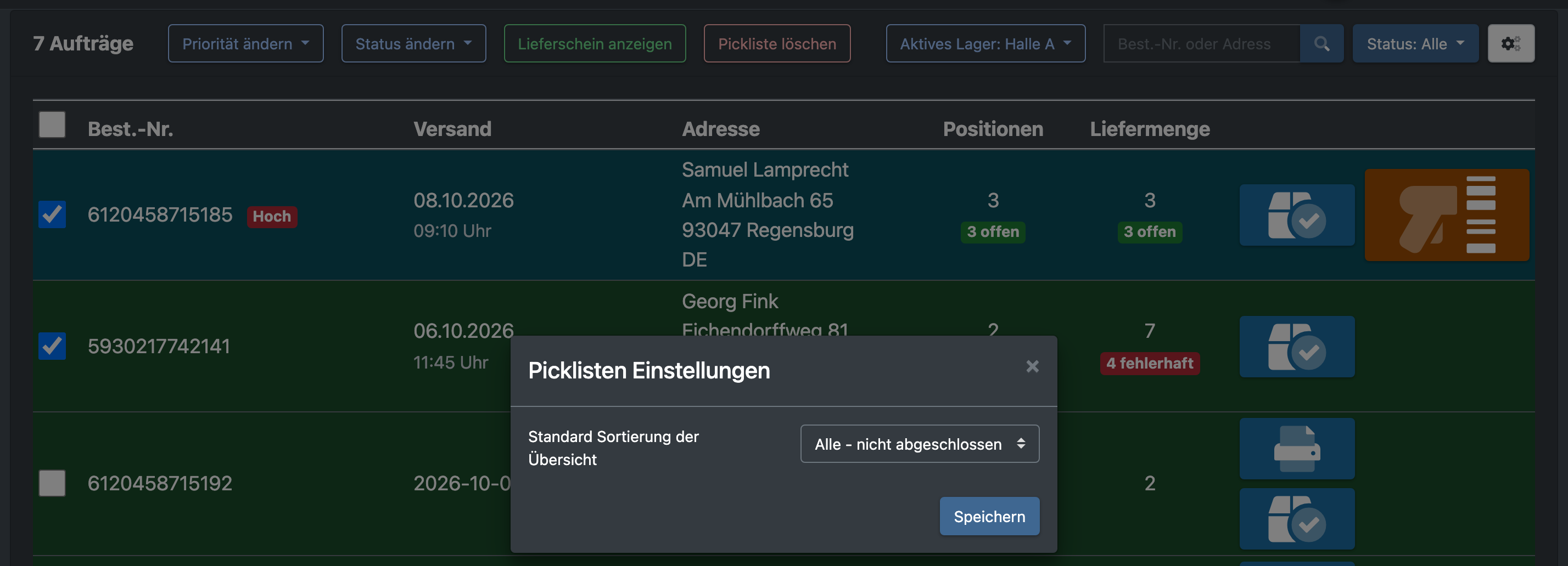 Screenshot: Ausgewählte Picklisten mit den Buttons für Sammelaktionen und dem Einstellungsdialog