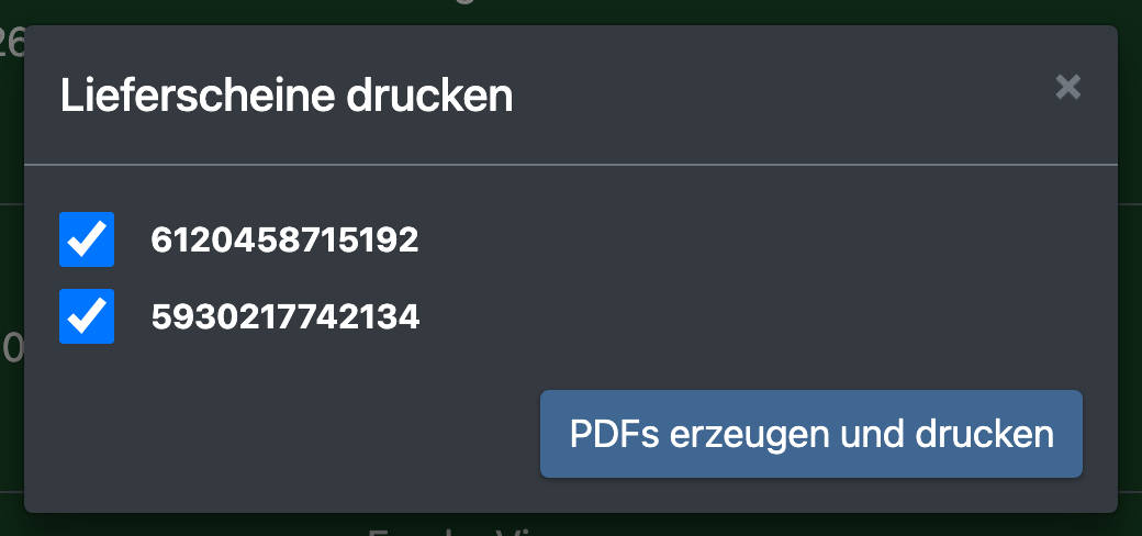 Screenshot: Lieferschein-Dialog mit den Druckoptionen