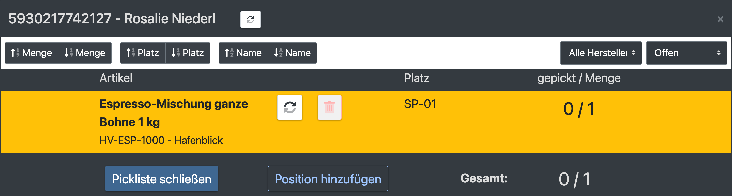 Screenshot: Positionen-Dialog einer klassischen Pickliste mit Scanfeldern und gepickter Menge