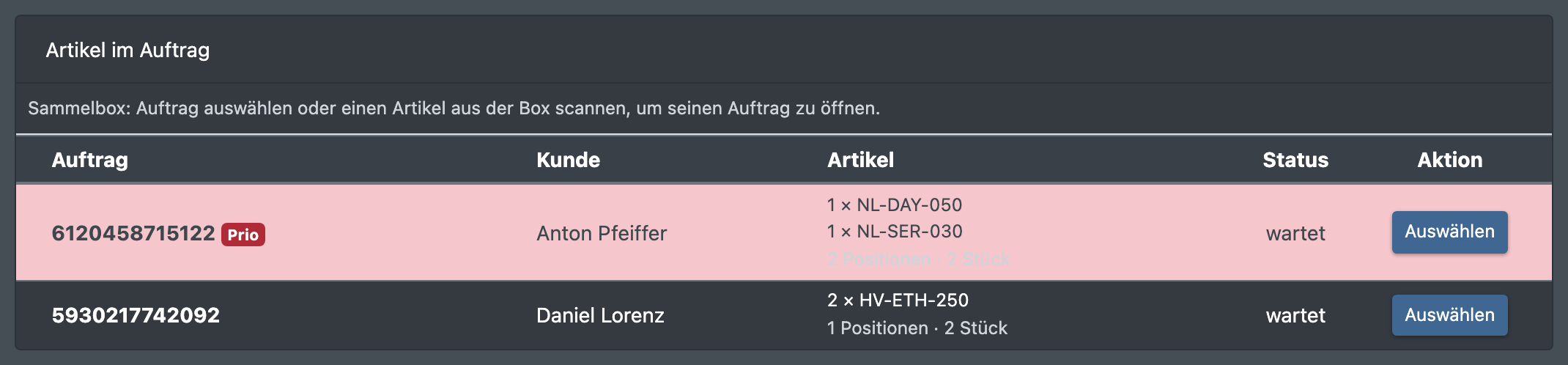 Screenshot: Sammelbox mit der Liste der Aufträge und den „Auswählen“-Buttons