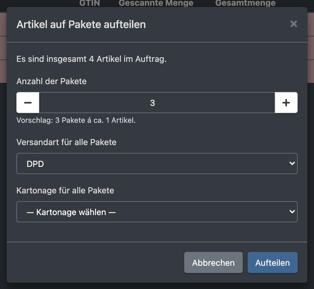 Screenshot: Dialog „Artikel auf Pakete aufteilen“ mit Anzahl der Pakete, Versandart und Kartonage für alle Pakete