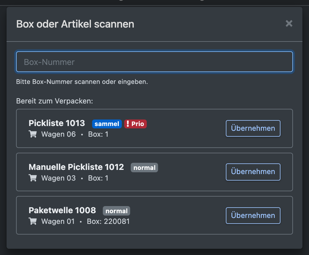 Screenshot: Verpacken-Bildschirm mit der Liste „Bereit zum Verpacken:“ und dem Feld für den Box-Scan