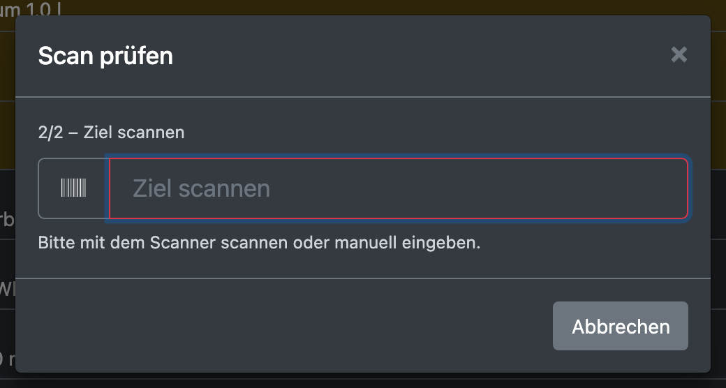 Screenshot: Scan-Dialog nach dem Paletten-Scan mit der Aufforderung, das Ziel zu scannen