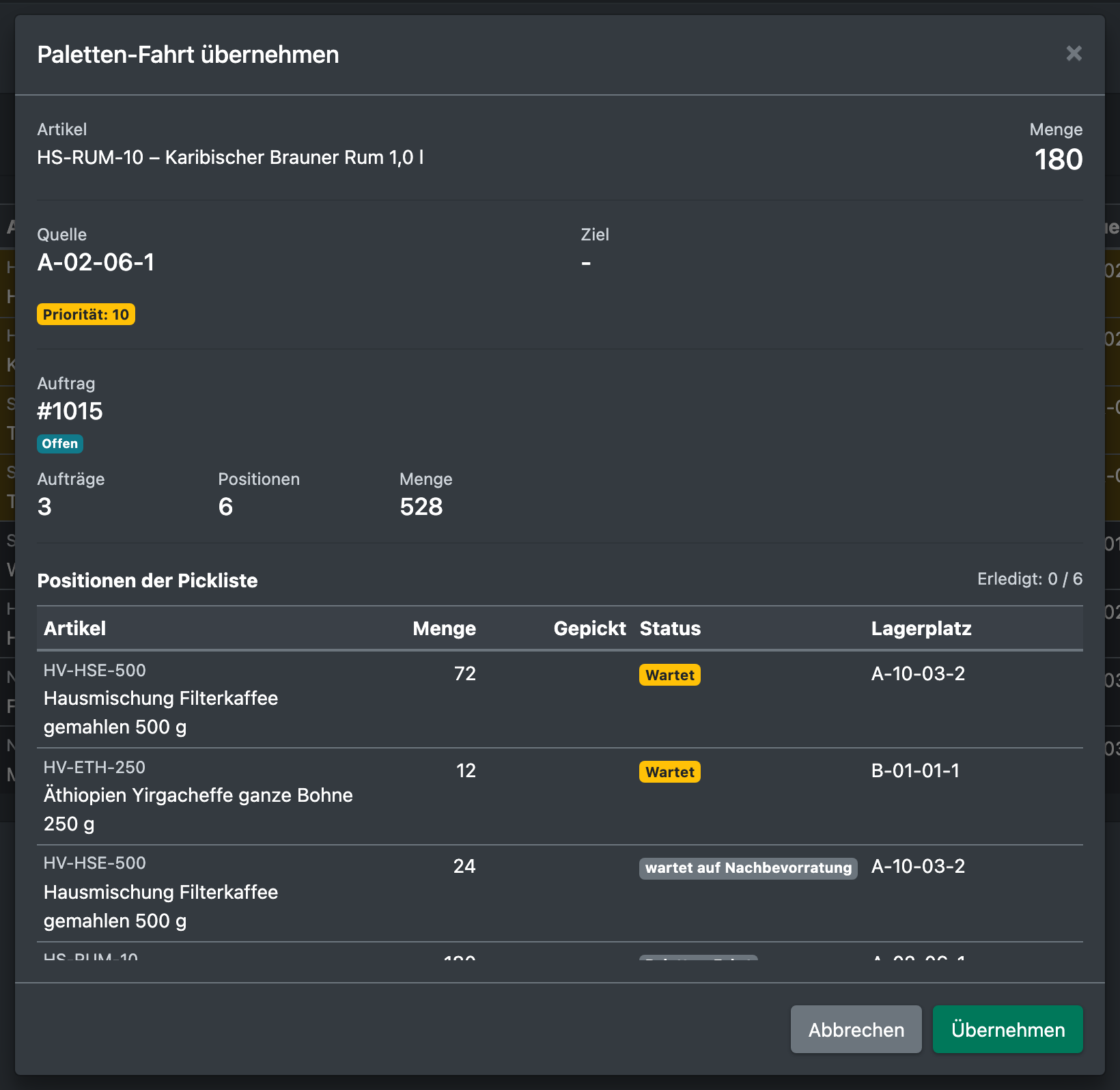Screenshot: Übernehmen-Dialog mit den Details der ausgewählten Paletten-Fahrt