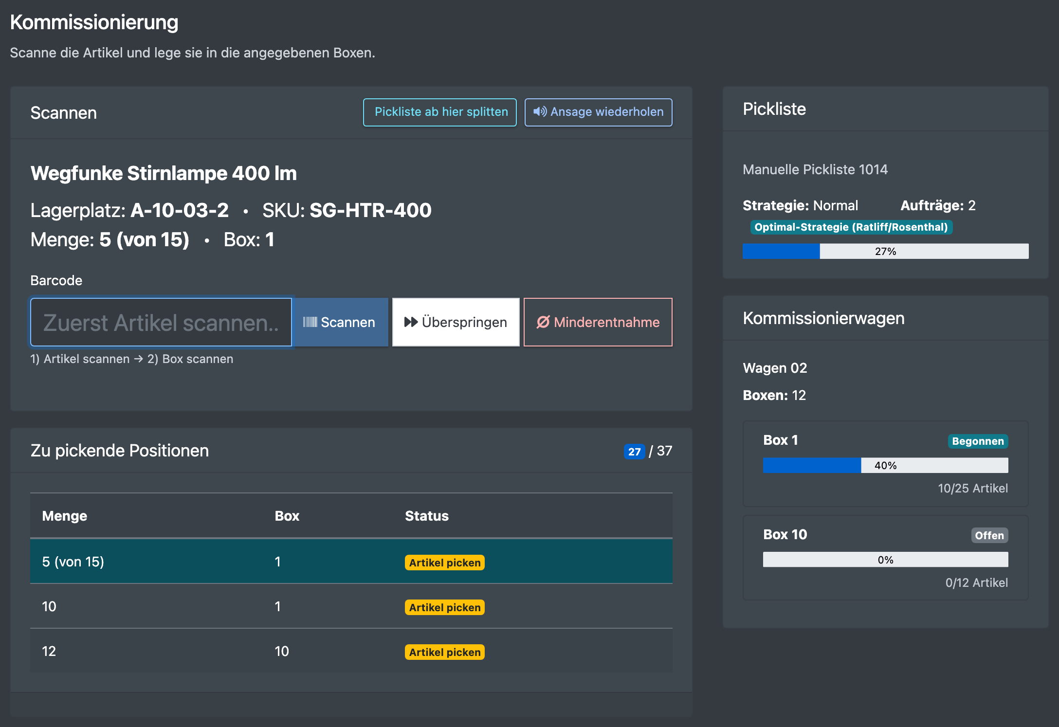Screenshot: Schritt Kommissionierung mit der Picklisten-Karte und der Liste der zu pickenden Positionen