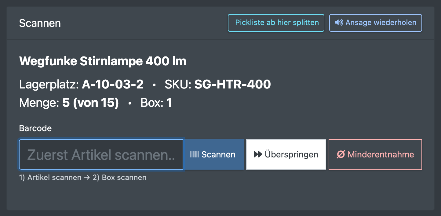 Screenshot: Aktuelle Position mit Lagerplatz, Artikelbild, Menge und dem Drei-Schritt-Hinweis „1) Artikel scannen → 2) Menge bestätigen → 3) Box scannen“