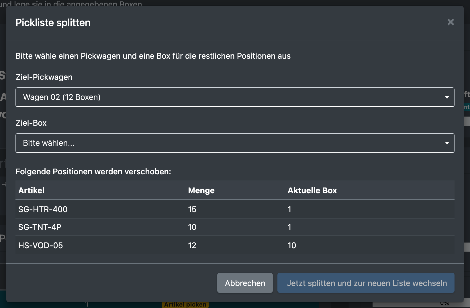 Screenshot: Split-Dialog mit Ziel-Pickwagen, Ziel-Box und den Positionen, die verschoben werden