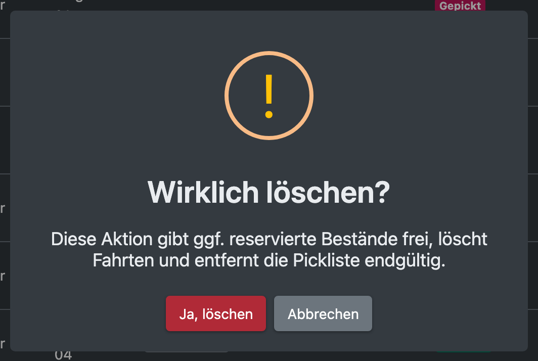 Screenshot: Bestätigungsdialog „Wirklich löschen?“ für eine Pickliste