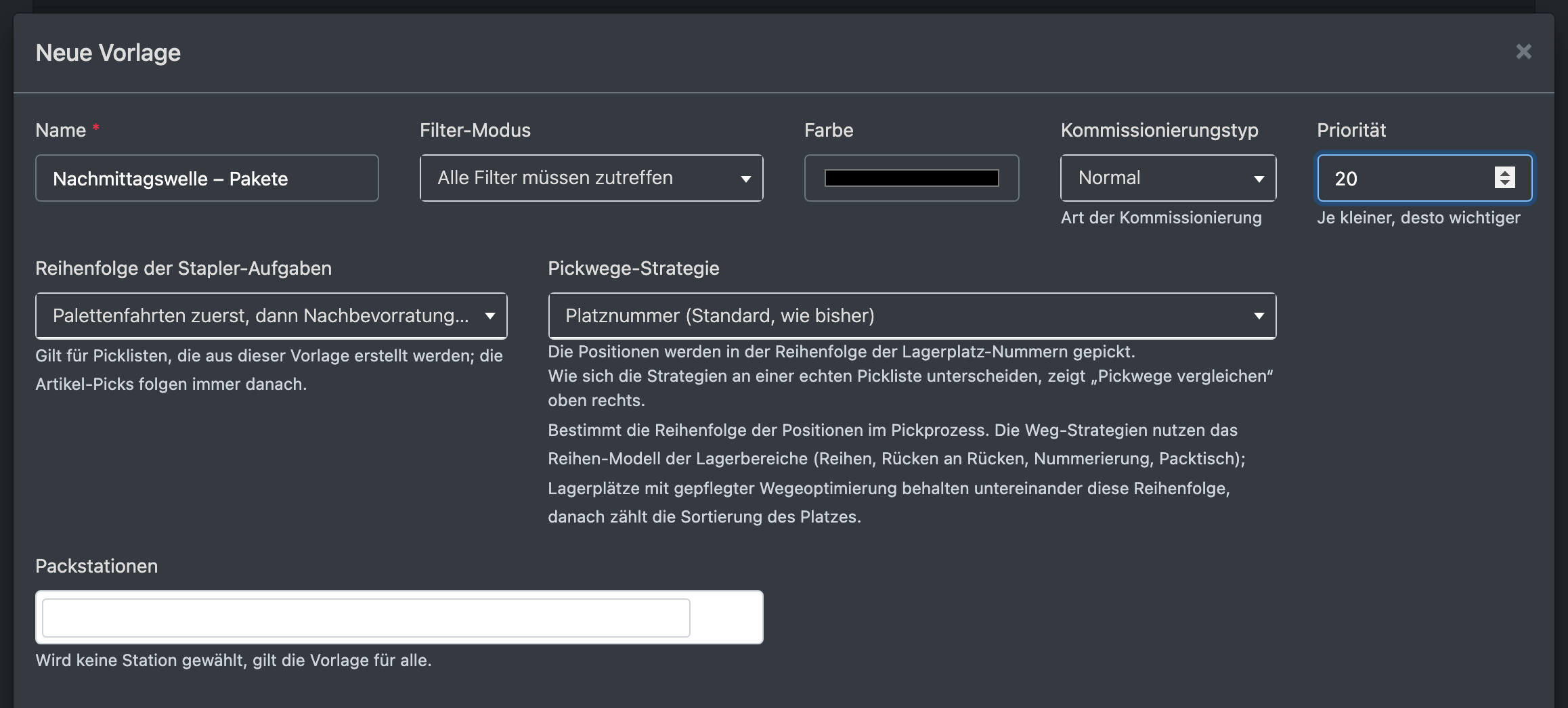 Screenshot: Formular für eine neue Vorlage mit ausgefülltem Namen, Priorität, Filter-Modus und Kommissionierungstyp