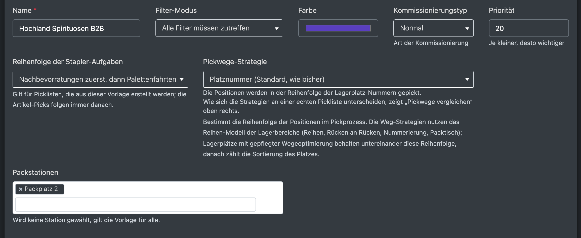 Screenshot: Vorlagenformular mit den Feldern Pickwege-Strategie, Reihenfolge der Stapler-Aufgaben und Packstationen