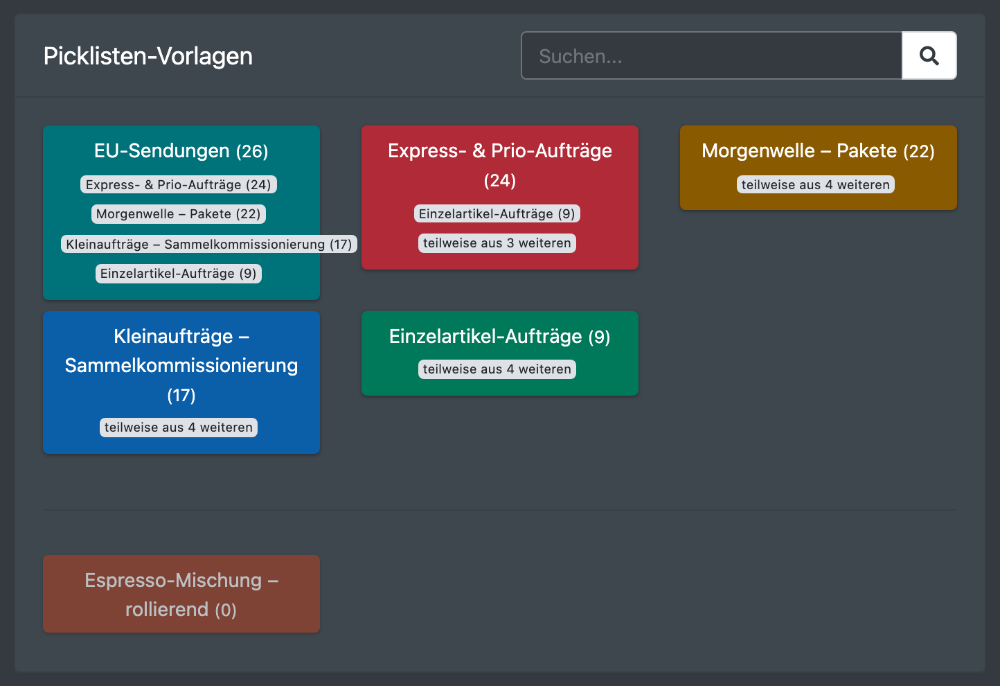Screenshot: Vorlagen-Kacheln im Pickprozess mit Trefferzahlen und Überschneidungs-Chips