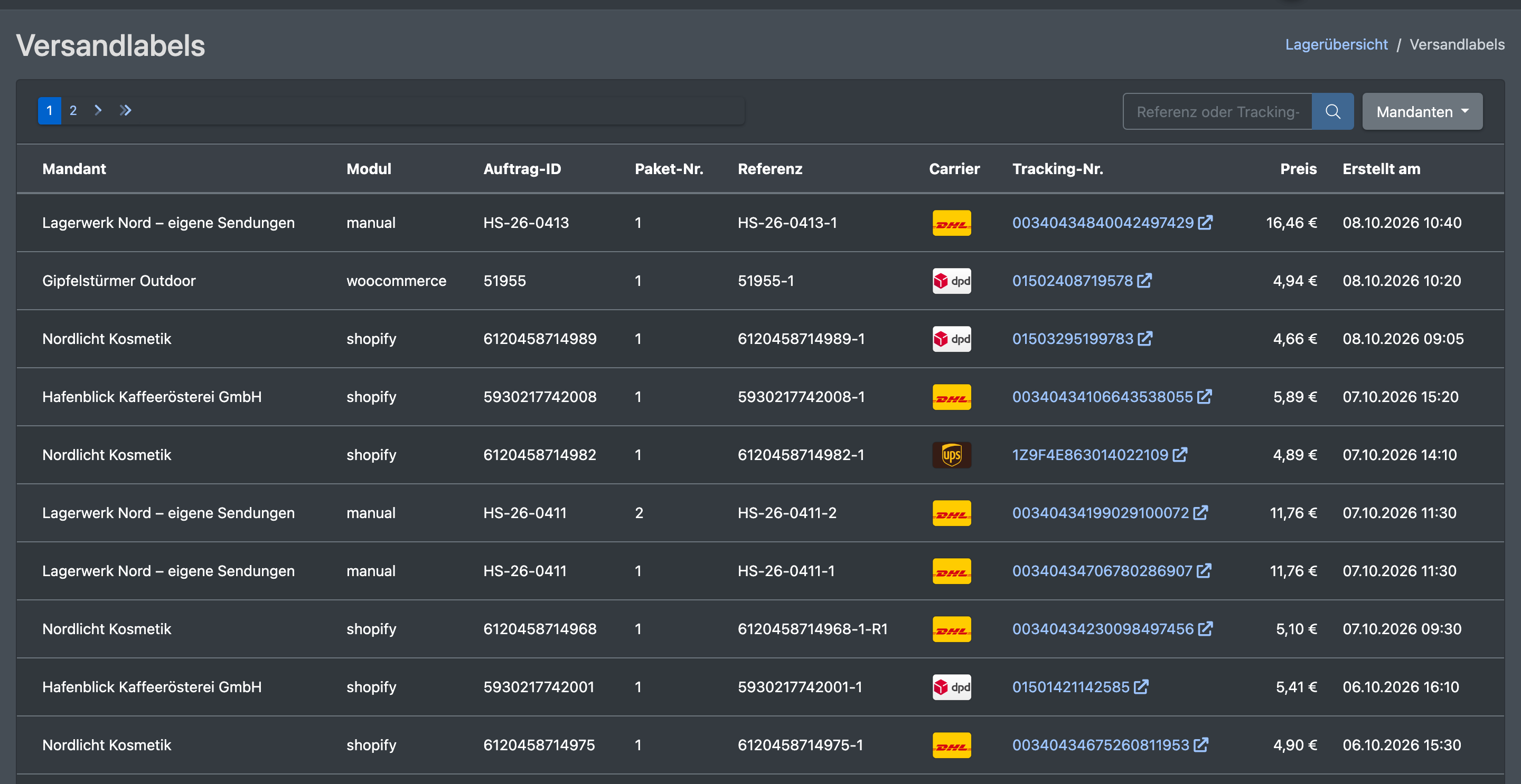 Screenshot: Übersicht der Versandlabels mit Suchfeld, Mandanten-Filter und Liste der Labels