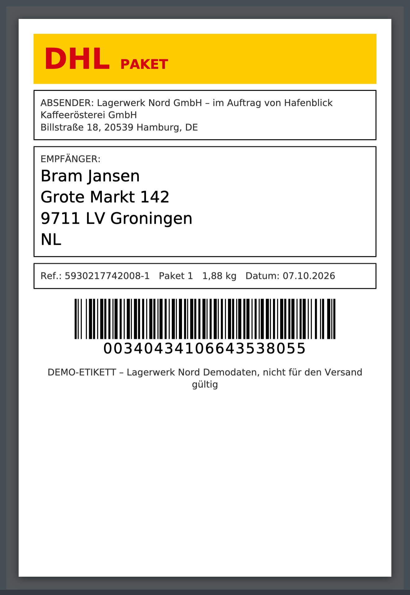Screenshot: Geöffnetes Label-PDF eines Pakets