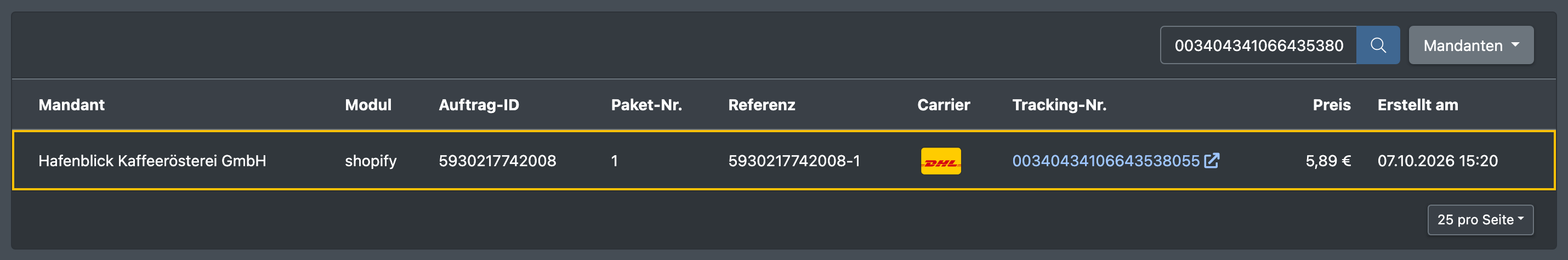 Screenshot: Suchergebnis für eine Trackingnummer mit hervorgehobener Label-Zeile