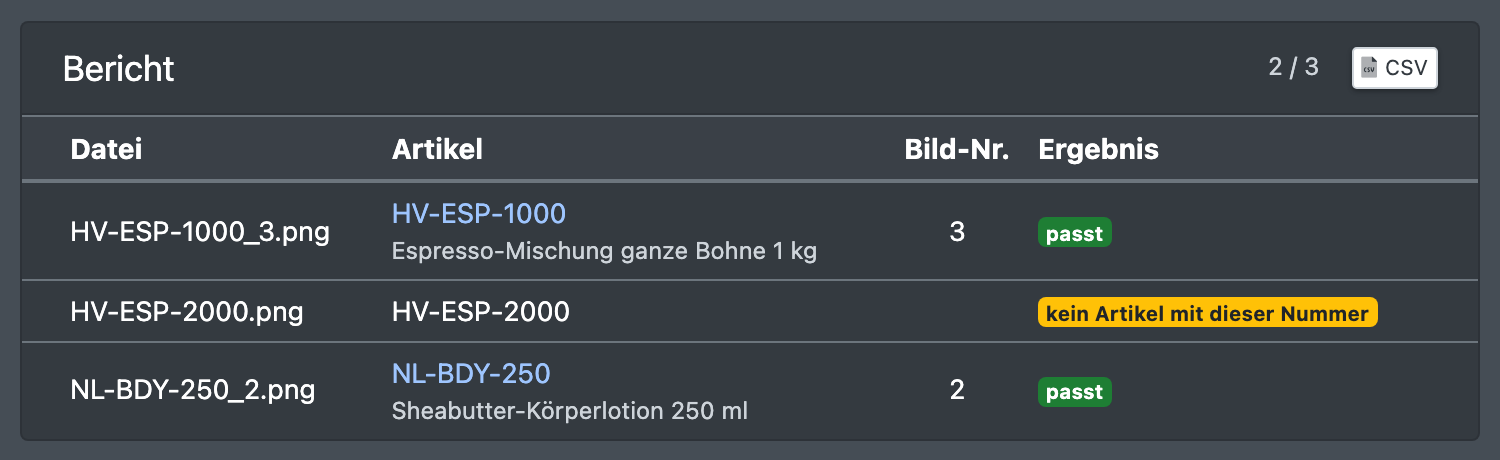 Screenshot: Berichtstabelle des Sammel-Uploads mit den Spalten Datei, Artikel, Bild-Nr. und Ergebnis