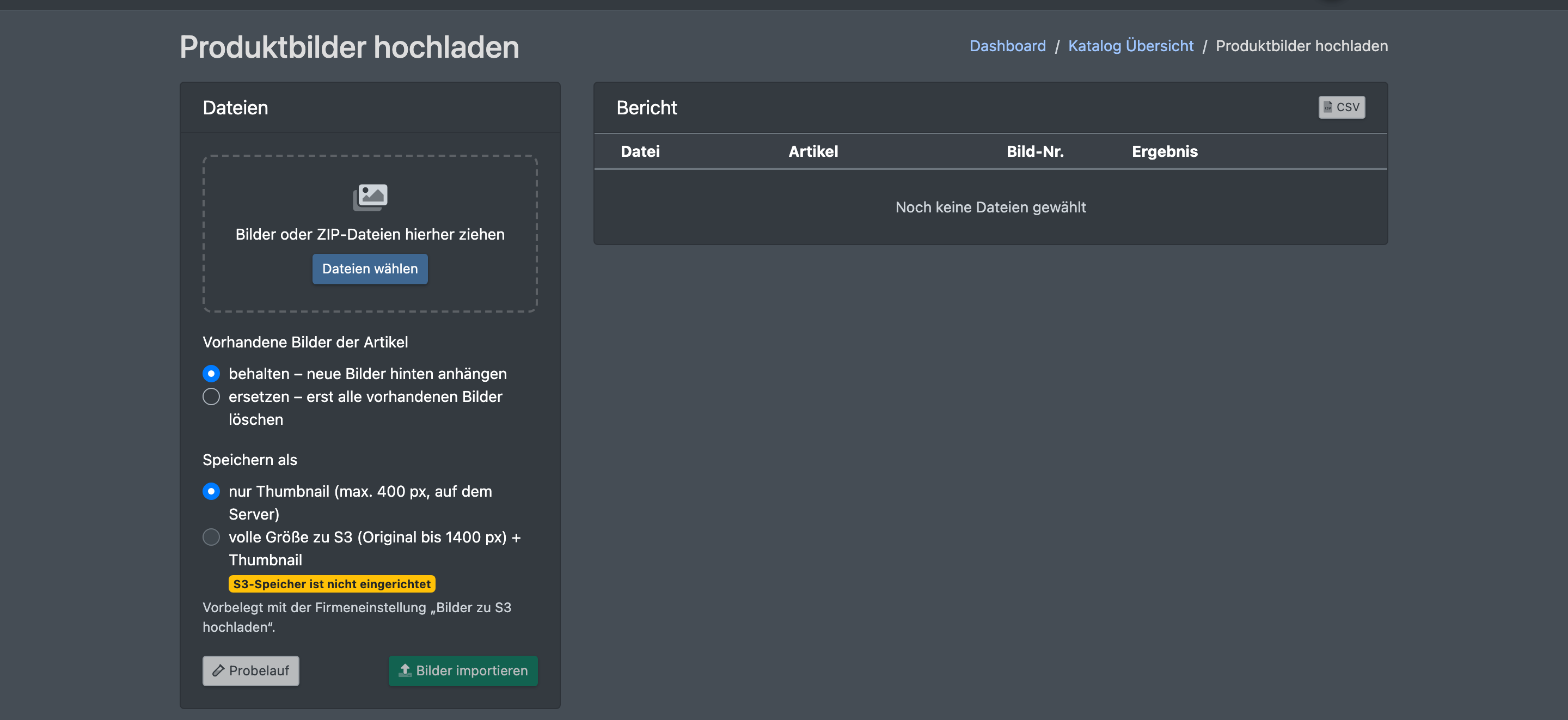 Screenshot: Seite für den Sammel-Upload mit dem Ablagebereich, den Optionen „behalten / ersetzen“ und „Speichern als“ und den Buttons Probelauf und Bilder importieren