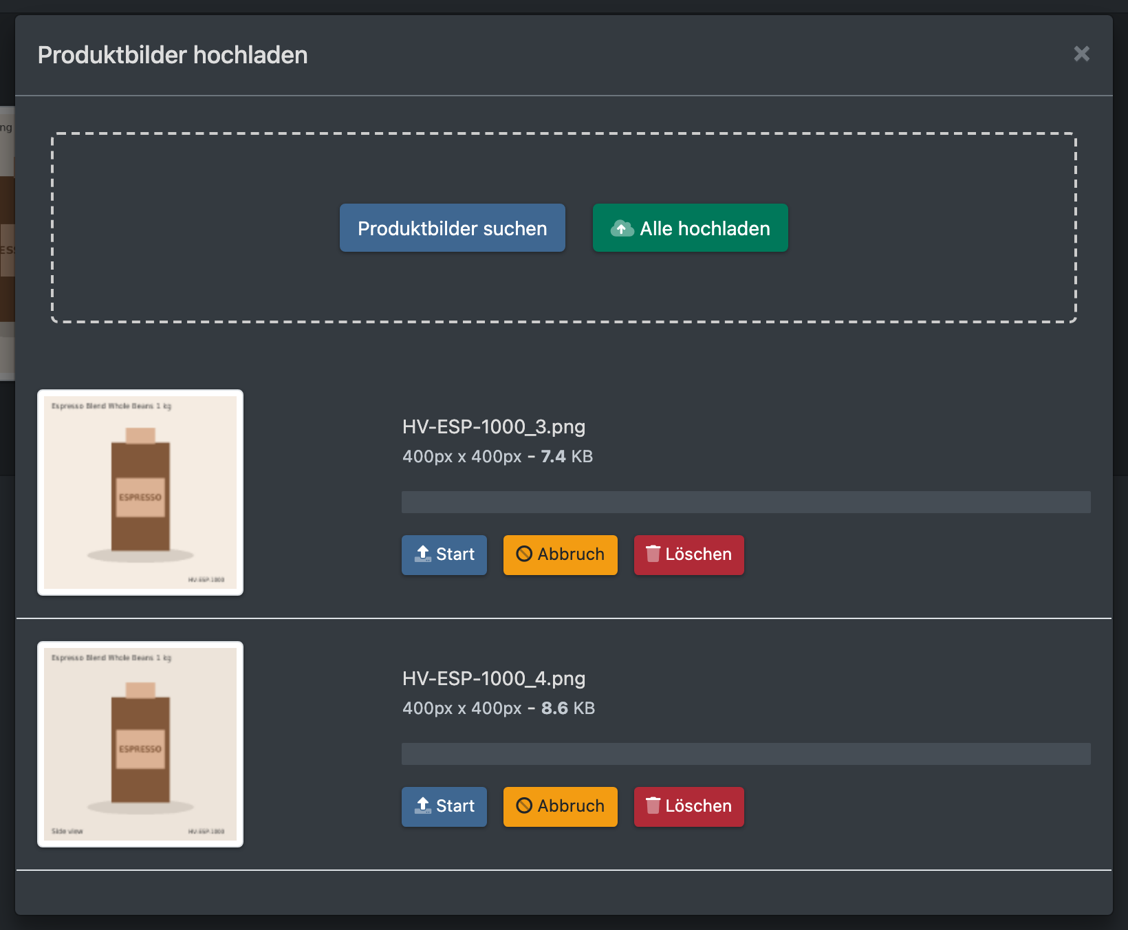 Screenshot: Upload-Bereich des Reiters Bilder mit zwei Dateien in der Warteschlange und dem Button „Alle hochladen“