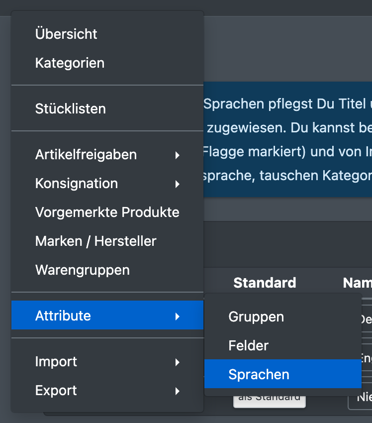 Screenshot: Menü Katalog mit geöffnetem Untermenü Attribute und hervorgehobenem Eintrag Sprachen