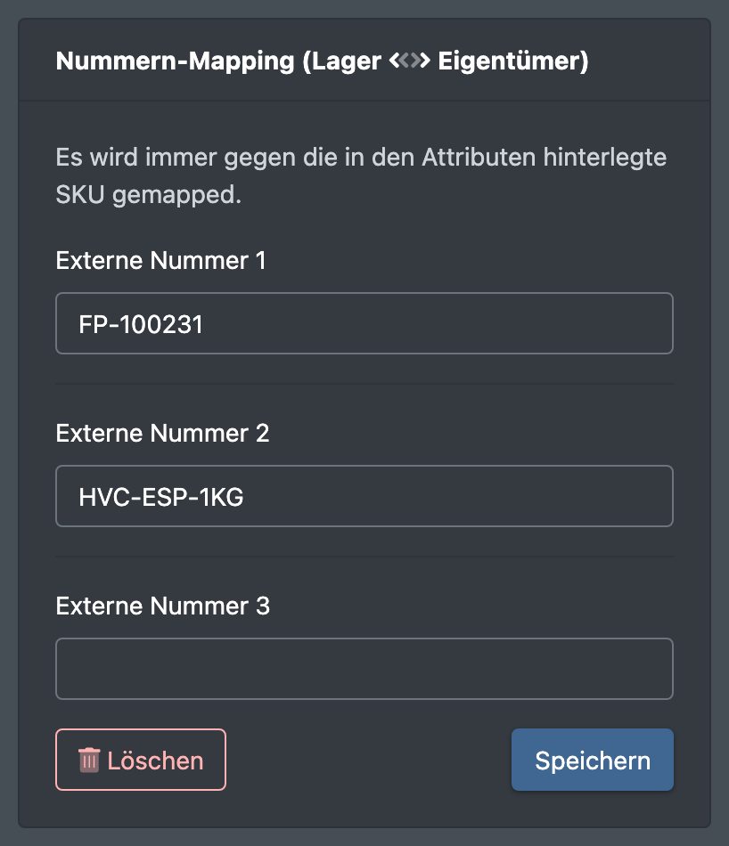 Screenshot: Karte Nummern-Mapping mit zwei ausgefüllten externen Nummern und einem leeren Feld