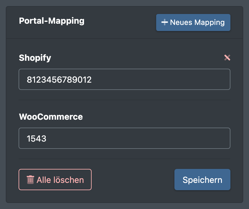 Screenshot: Karte Portal-Mapping mit zwei zugeordneten Portalen, den roten X-Symbolen und dem Button „Alle löschen“