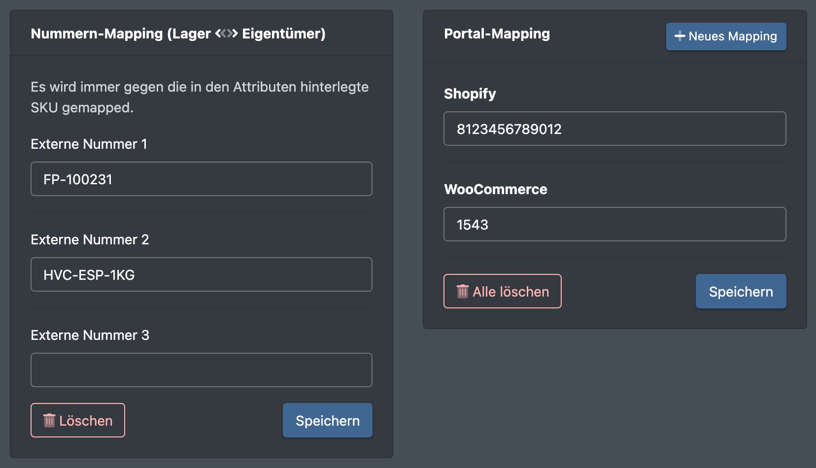 Screenshot: Reiter Mapping eines Artikels mit dem Nummern-Mapping links und dem Portal-Mapping rechts