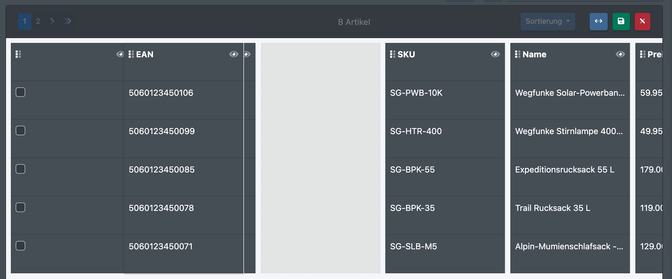 Screenshot: Spalten-Editor, in dem Spalten in eine neue Reihenfolge gezogen werden