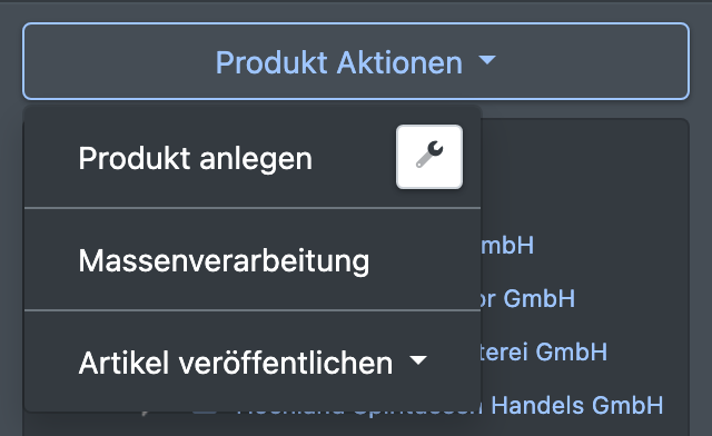 Screenshot: Geöffnete Auswahl „Produkt Aktionen“ über dem Kategoriebaum