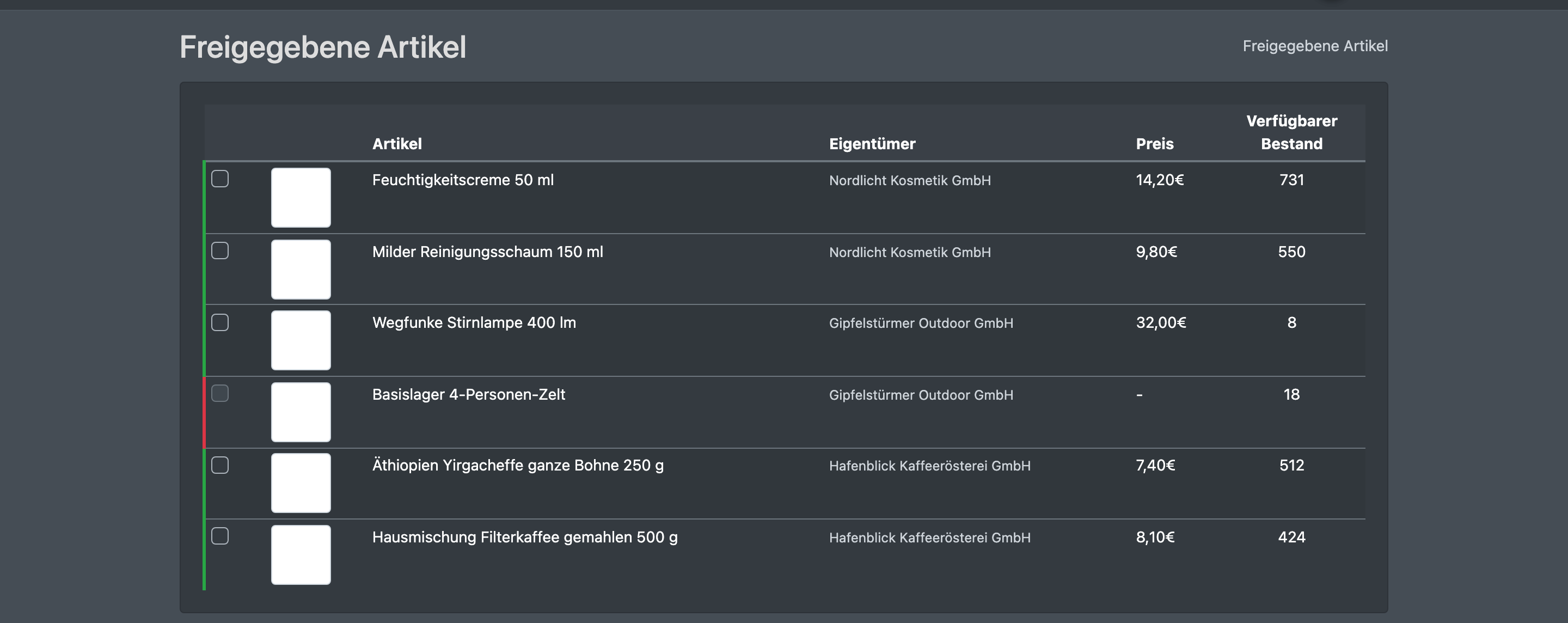 Screenshot: Liste „Alle Freigaben“ mit Artikel, Eigentümer, Preis und verfügbarem Bestand
