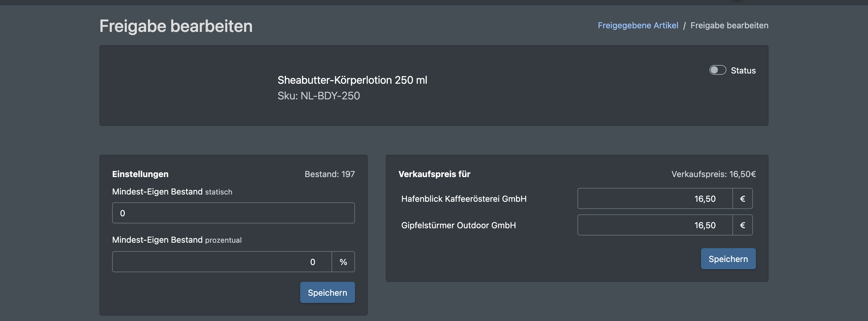 Screenshot: Seite „Freigabe bearbeiten“ mit dem Kasten Einstellungen (Mindest-Eigen Bestand statisch und prozentual), dem Status-Schalter und dem Verkaufspreis je Partner