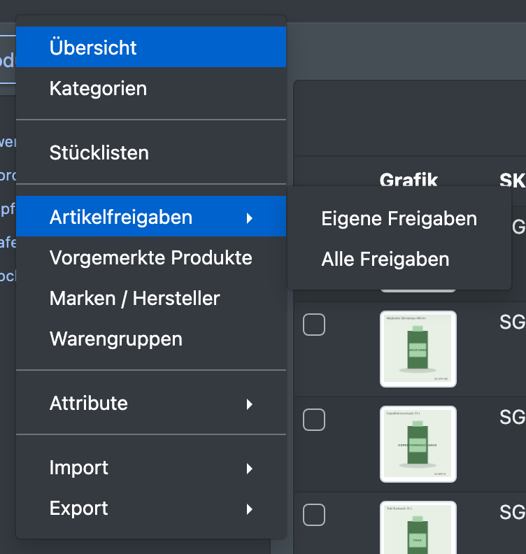 Screenshot: Geöffnetes Menü „Katalog › Artikelfreigaben“ mit den Einträgen „Eigene Freigaben“ und „Alle Freigaben“