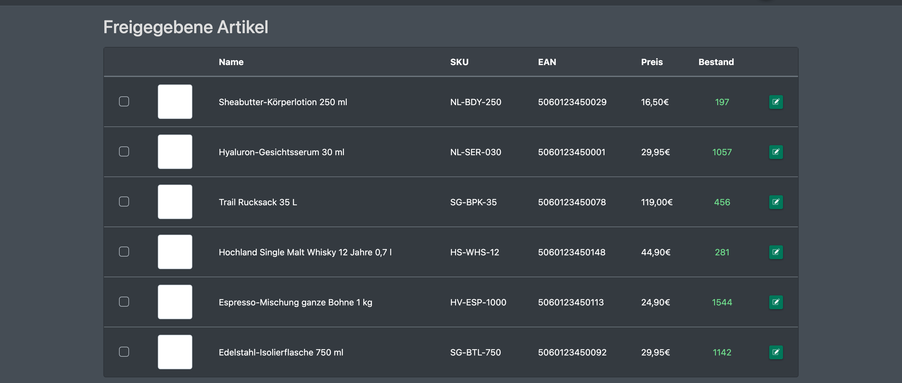 Screenshot: Liste „Freigegebene Artikel“ mit den Spalten SKU, EAN, Name, Preis und Bestand
