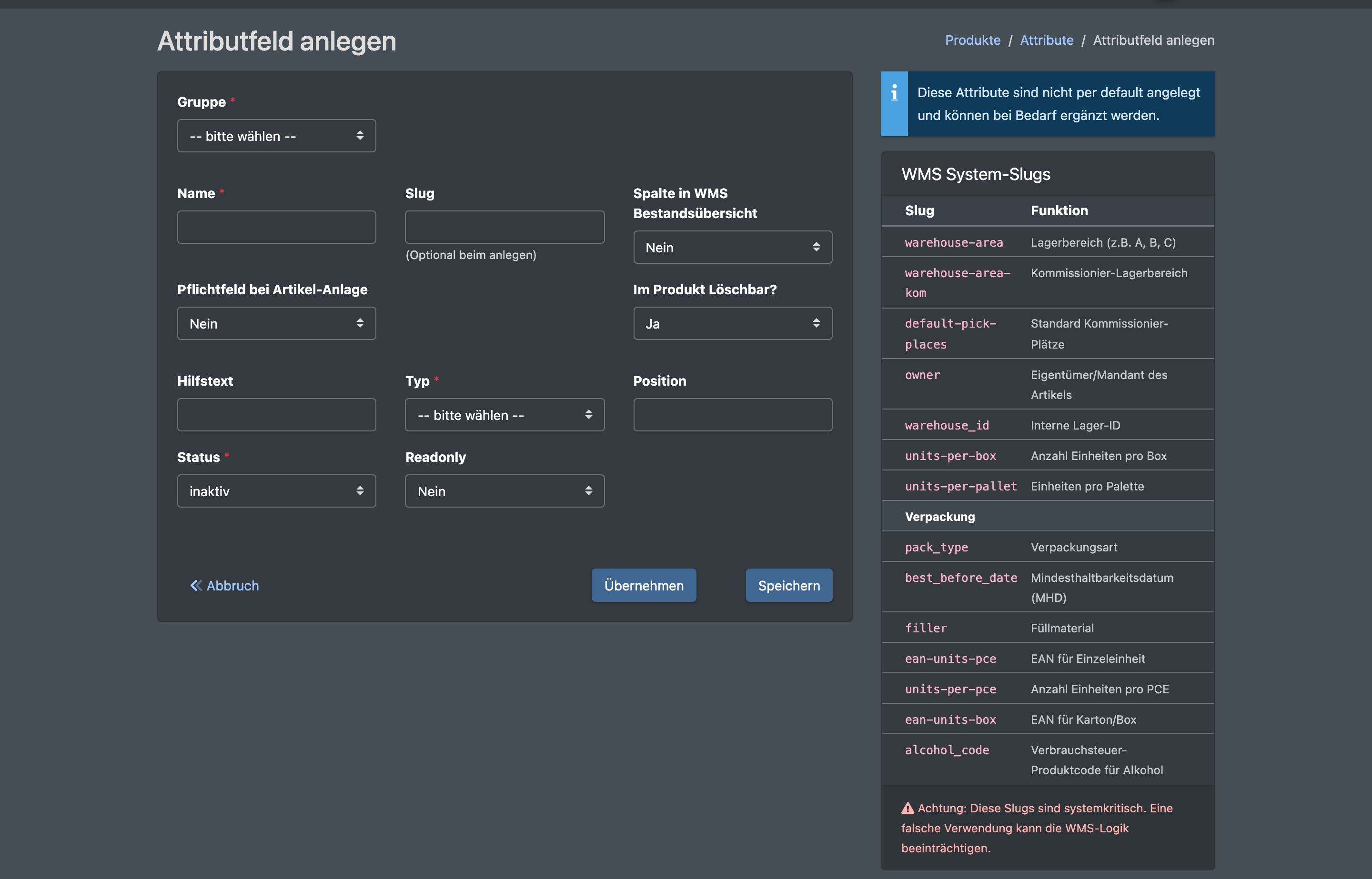 Screenshot: Formular „Attributfeld anlegen“ mit Gruppe, Name, Slug, Typ und der Liste der WMS System-Slugs rechts