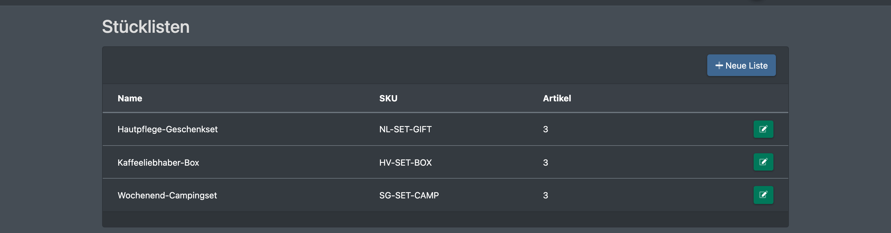Screenshot: Übersicht der Stücklisten mit den Spalten Name, SKU und Anzahl der Artikel