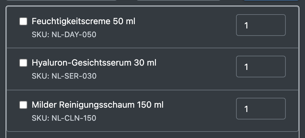 Screenshot: Stückliste mit drei Artikeln und ihren Mengenfeldern