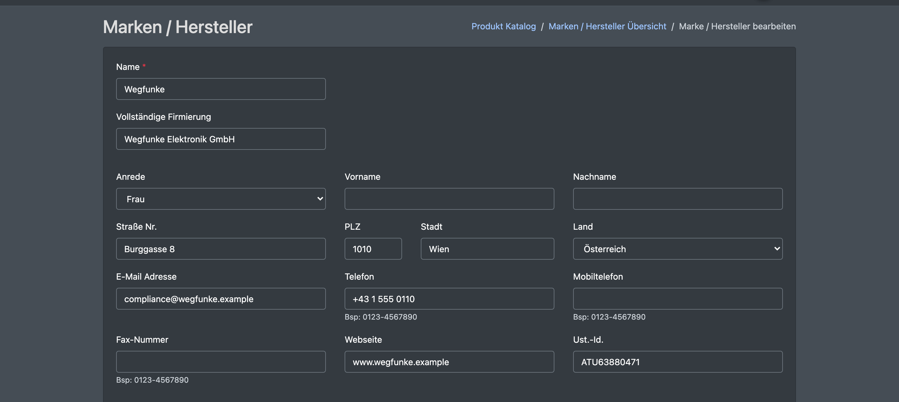 Screenshot: Formular „Marke / Hersteller anlegen“ mit Name und Adressfeldern