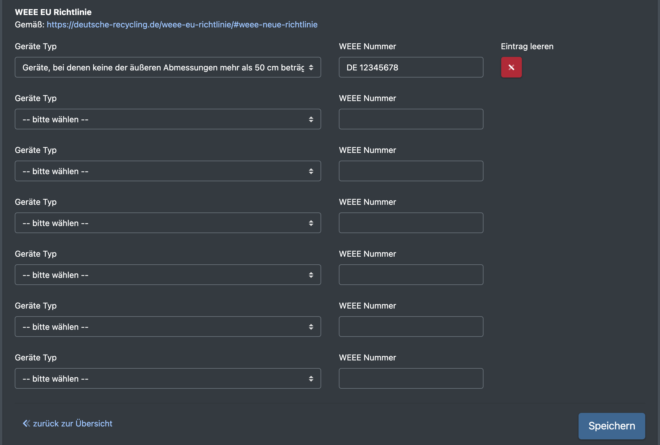Screenshot: Abschnitt WEEE EU Richtlinie mit Auswahlliste Geräte Typ, WEEE Nummer und dem Button „Eintrag leeren“