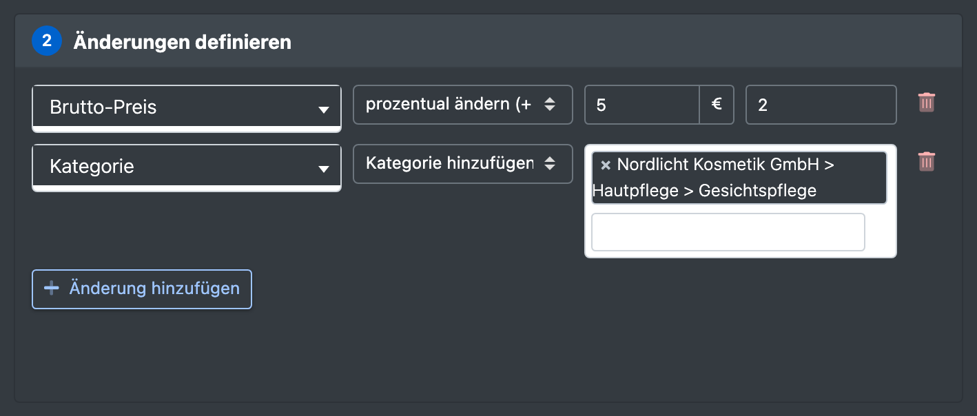 Screenshot: Bereich „Änderungen definieren“ mit der Änderung „Preis – prozentual ändern (+ / - %) – 5“ und der Änderung „Kategorie – Kategorie hinzufügen“