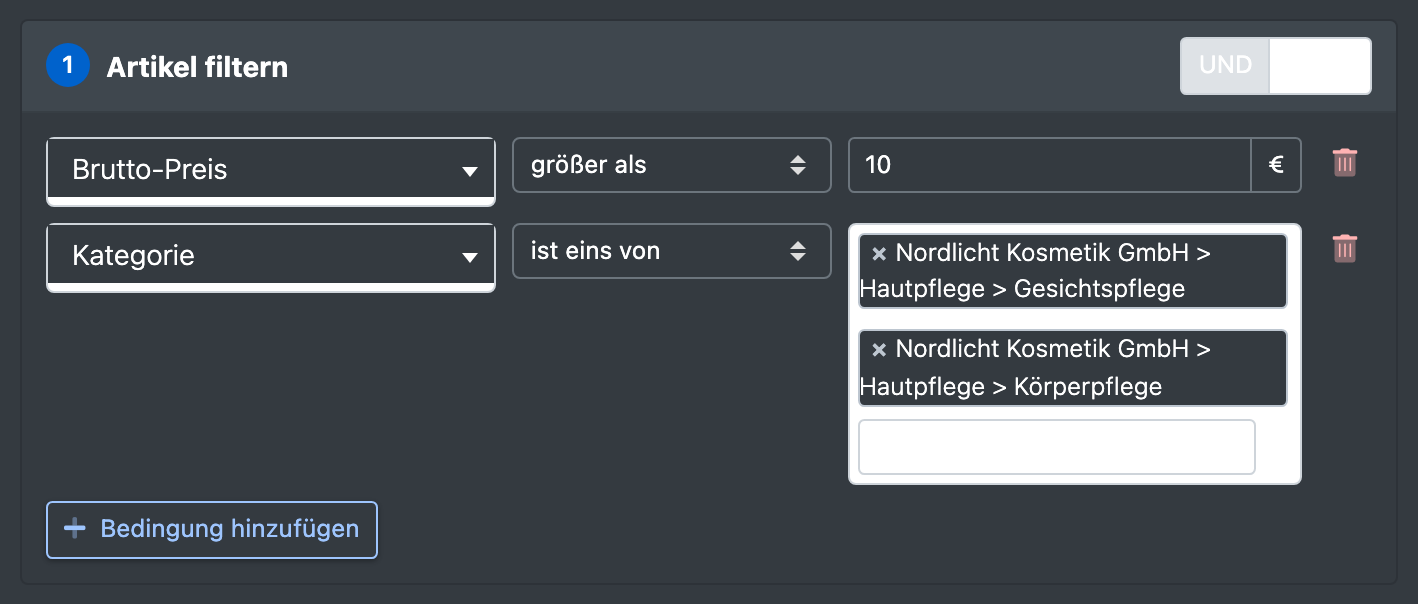 Screenshot: Bereich „Artikel filtern“ mit gewähltem UND und zwei Bedingungen (Preis größer als 10, Kategorie ist eins von …)