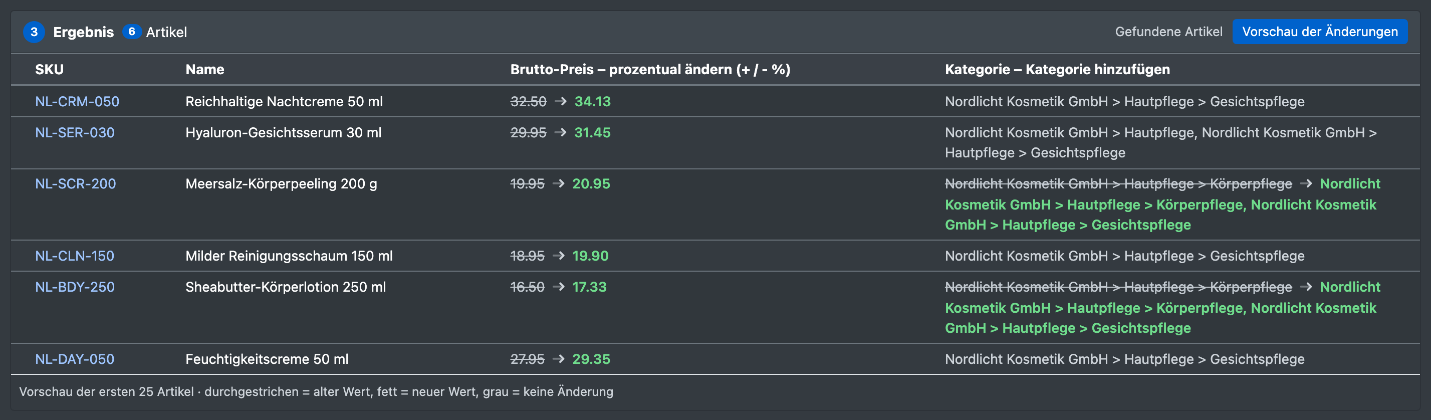 Screenshot: Vorschau der Änderungen mit durchgestrichenen alten Werten und fetten neuen Werten