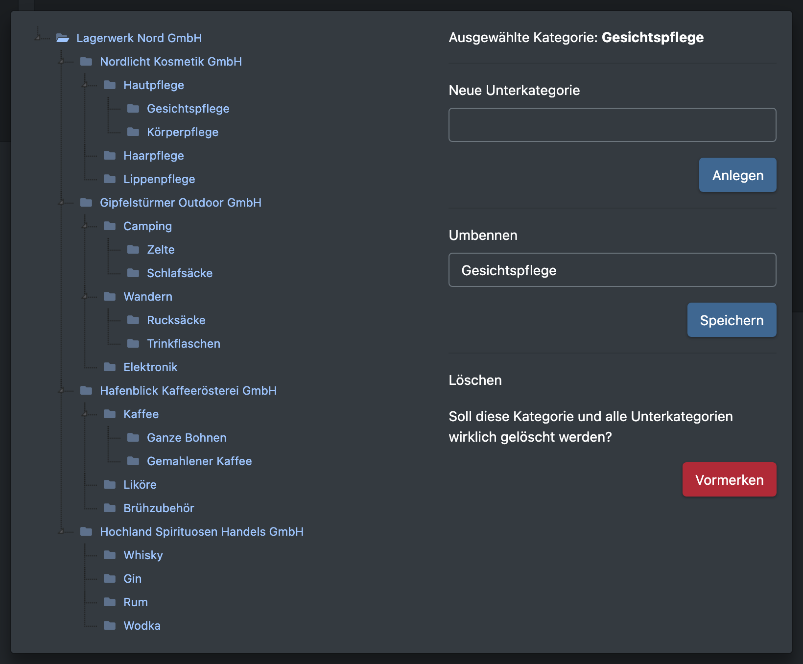 Screenshot: Dialog „Kategoriebaum bearbeiten“ mit der ausgewählten Kategorie, den Feldern für eine neue Unterkategorie und zum Umbenennen