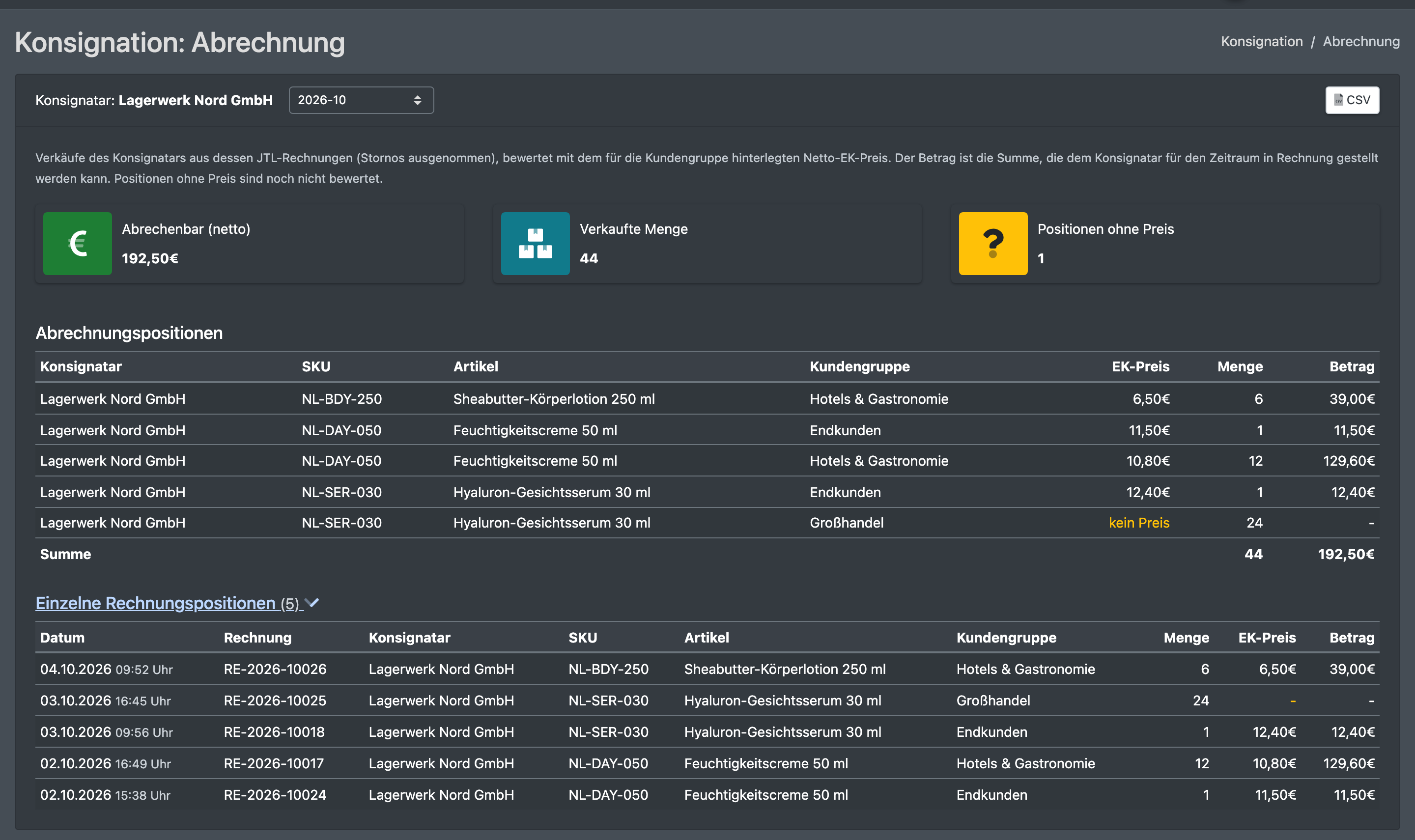 Screenshot: Seite „Abrechnung“ mit Summen je Artikel und Kundengruppe, einer aufgeklappten Zeile mit den einzelnen Rechnungspositionen und der Summe „Abrechenbar (netto)“