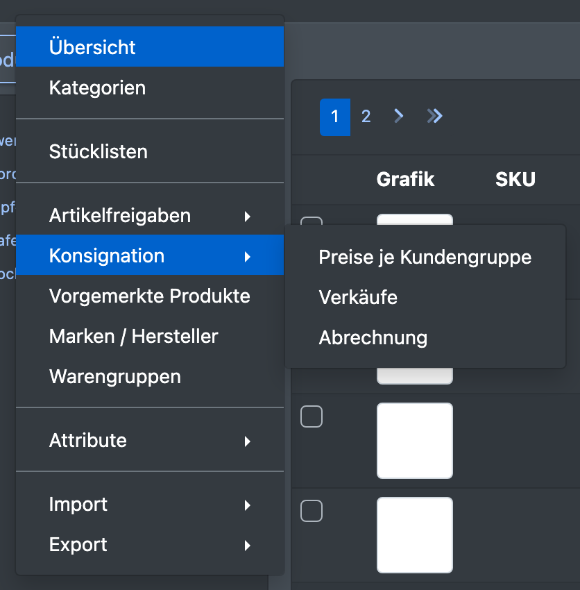 Screenshot: Geöffnetes Menü „Katalog › Konsignation“ mit den drei Einträgen Preise je Kundengruppe, Verkäufe und Abrechnung
